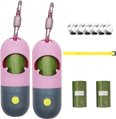 Morn Light 2-pack hundbajspåsehållare med ficklampa Hundbajspåsedispenser för koppel med läckagesäkra gröna bajspåsar för hundpromenader (2 dispenser 60 påsar) (rosa)