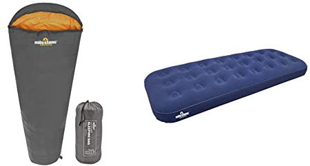 Milestone Camping 27000 Grey & Orange Single Mummy Sleeping Bag/Comfortable and Portable/Carry Sack/Water Resistant / 2 Season & Flocked Airbeds/Single Or Double Bed Size