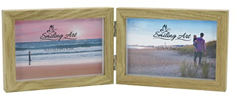 Smiling Art Bilderrahmen für 2 Fotos aus Holz, klappbarer Bilderrahmen, Doppelrahmen (Beige, Querformat, 2x10x15 cm)