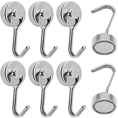 VEGCOO Lot de 6 Crochets Magnétiques Frigo, 20 MM 15 kg Puissant Aimant Néodyme, Crochet Aimanté Pussiant Pivotants pour Cuisine Salle de Bain Casier à Clés