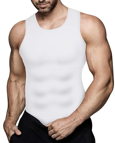Mens Compression Shirt Workout Tank Tops Slimming Body Shaper Vest Abs Abdomen Undershirts (White, Large)