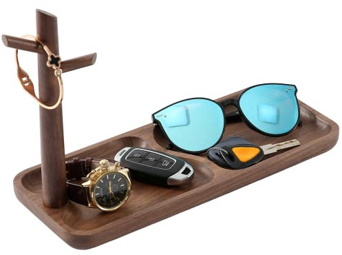 CYQGDKF Bricka i valnötsträ för hallbord, smyckesbricka och förvaringsbricka med 3 stående hållare för ringar, telefon, armband och klockor