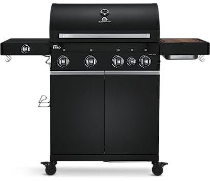 BURNHARD 4-Brenner Gasgrill Big FRED Deluxe Black Series 3 inkl. Backburner, 900°C Infrarot-Keramikbrenner, Seitenkochfeld, Gusseisen-Grillrost, Grillabdeckung, Grillwagen + klappbare Seitentische