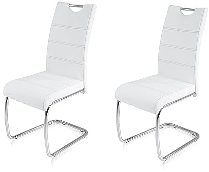 KHG 2er-Set Esszimmerstühle Schwingstuhl Polsterstuhl Küchenstuhl | Kunstleder weiß, Designstuhl Sitzhöhe 48 cm, Freischwinger mit integriertem Griff, LED, für Esszimmer und Wohnbereich