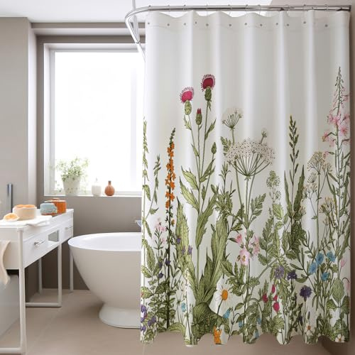HOMEWINS Duschvorhang 180x200 cm Polyester Textil mit Muster, Waschbar und Schimmelresistant, Wasserdicht und Schnell Trocknend, Badevorhang mit 12 Duschvorhangringe - Waldblume