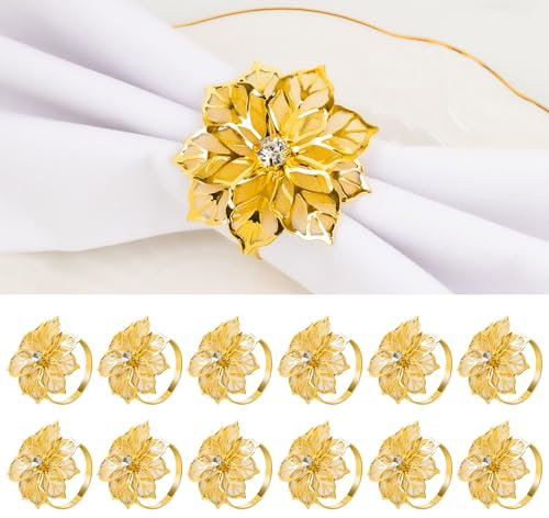 SIYOMG 12 Stück Blume Serviettenring Schnalle, Aushöhlen Blumen Metall Serviettenringe Halter für Hochzeitsbankett Weihnachtsessen Tischdekor (Gold)