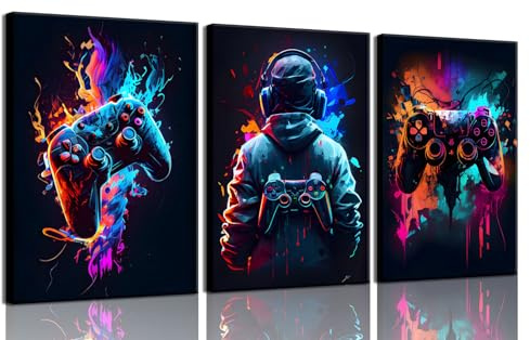 Cool gaming väggkonst, retro videospel akvarellaffisch, bilder, färgglad neonspelplatta, dukmålning, tryck för pojkrum, barnrum, lekrum, tillbehör, sovrum, heminredning