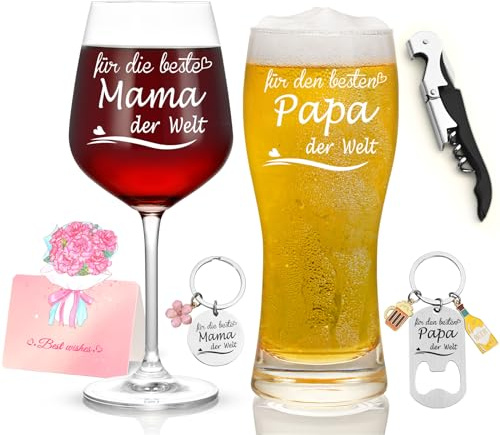 Joymaking rödvinsglas och ölglas set med gravyr – för de bästa mammorna och den bästa pappan i världen, presenter till föräldrar pappa mamma, personlig förälder present till mors dag fars dag