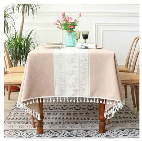 Tischdecken Quadrat, Tischdecke 140x220CM Polyester Tischdecke Abwaschbar Landhausstil Weihnachten Elch mit Quasten Tischdecke für Gartentisch, Grau Weiß