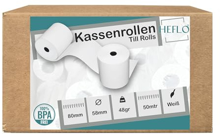 HEFLO 25 Thermorollen 80mm X 59mm, 50m lang, Ø 59mm, Kern 12 mm, BPA freies Thermopapier, Kassenrollen passend für Epson, Bixolon, Metapace, SNBC, Orderman, Sewoo, Star, Citizen