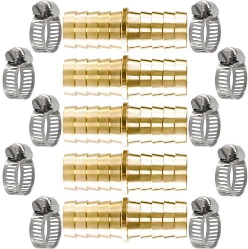 MSAEIQUN Brass Hose Barb Fitting 3/4 Barb Splicer Mender with Stainless Steel Pipe Clamps air Hose Repair kit for Pipe Line/Fuel/Air (Pack of 5) (3/4'')