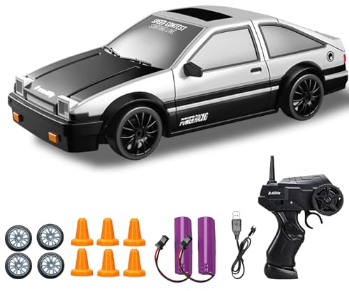 DYOUen RC Drift Car - Voiture de course télécommandée 1:24 avec 4WD - 2,4 GHz - Avec phares de travail - Pneus interchangeables - 2 batteries rechargeables (argenté)