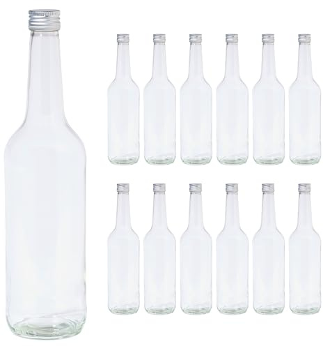 Vitrea 12 leere Glasflaschen 700ml Schraubverschluss Silber - große Flaschen zum Befüllen mit Deckel - für Saft, Getränke, Likör, Öl, Saucen - 12 Stück, PP28, Gradhals