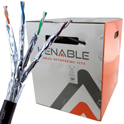 kenable External Shielded Cat7 Ethernet Cable S/FTP Outdoor Copper Network Lead UV Resistant PE Sheath 10Gbps 600MHz Wooden Reel 305m Black