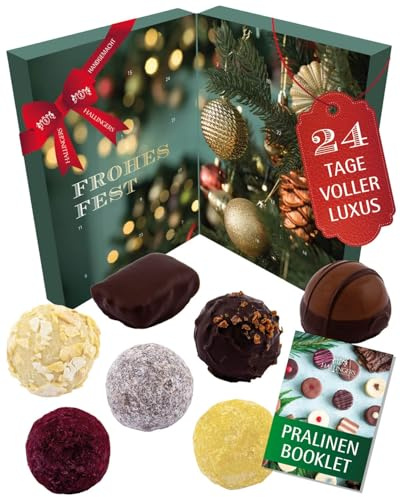 Hallingers Genuss Manufaktur Vegane Pralinen Adventskalender - mit & ohne Alkohol, handmade aus Confiserie-Edelkakao in wertigem Softfeel-Karton Weihnachtsstimmung, Weihnachtskalender für Frauen