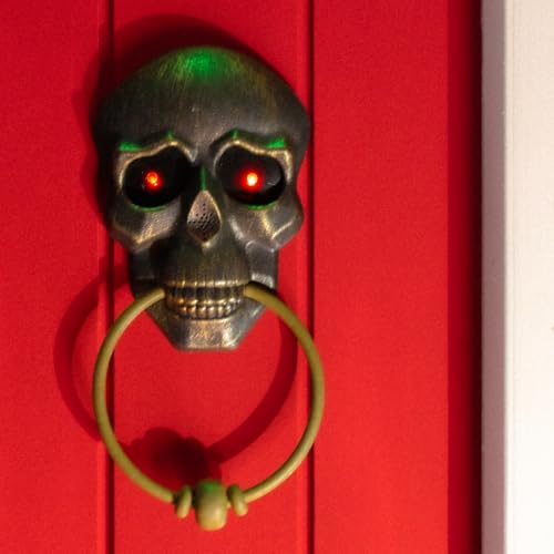Global Gizmos Halloween Skull Doorbell/Front Door Trick or Treat Decoration/Glowing LED Lights & Spooky Voice/Bronze Brass Effect /