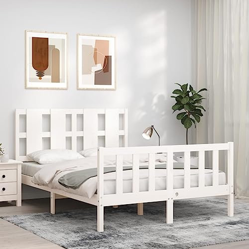 Buzaza Massivholzbett mit Kopfteil Bettgestell Bed Frame Holzbett Kopfteil Bett Schlafzimmer Bett Massivholzbetten Weiß 140x200 cm - 3192232