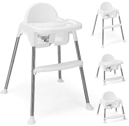 COSTWAY 4 en 1 Chaise Haute Bébé Convertible avec Plateau Double Amovible, Chaise d'Alimentation avec Harnais de Sécurité à 3 Points et Repose-Pieds, Charge 15kg pour Bébé de 6-36 Mois (Blanc)