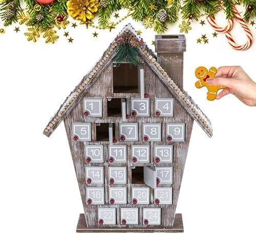 Trähus adventskalender | Juladventskalender | Festlig träkalender | 24 dagars nedräkningskalender med lådor, nedräkningskalendrar för dec