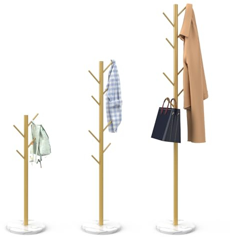 Durmmur Heavy Duty Coat Rack with Natural Marble Base, Freestanding Metal Coat Stand with 8 Hooks, Modern Stable Coat Hanger Tree for Bags, Jacket, Clothes, and Hats, Gold Metal