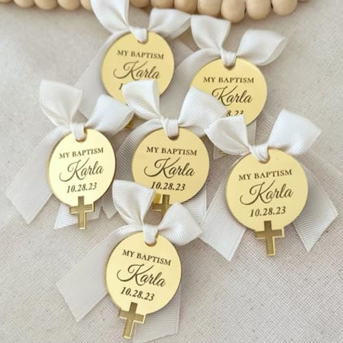 Personligt dopkors i guld, akryl namnetikett med spegel, kalligrafi namnlogotyp, dopkorsetikett, dopfavoriter (20 st, 3 cm)