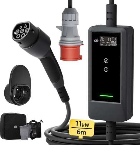 dé Mobile Wallbox/Ladestation 11kW [6m|3-phasig|6-16A] mit Einstellbarer Ladeleistung, Ladekabel CEE 16A auf Typ 2 und EV Ladegerät für Model Y/3, ID.3/4/5, MG4, EX30, e-up, e-tron und BEV/PHEV