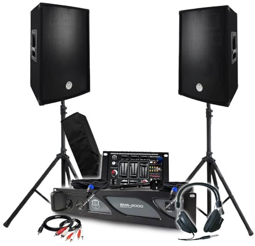 Pack Sono BM Bmsonic Amplificador 2000 W, par de altavoces pasivos 2 x 700 W, mesa de mezcla, pies, auriculares DJ, cables y micrófono