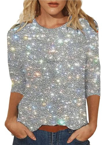 Camicia Donna Elegante Curvy Argento Blusa Donna Eleganti a Maniche a 3/4 Maglietta Taglie Forti Girocollo Maglie Comode Camicette da Sera Sexy Abbigliamento T Shirt Festiva per Feste e Serate