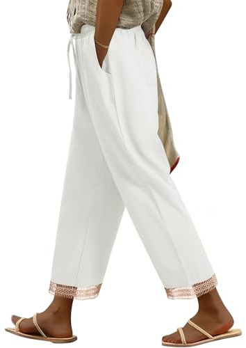 PASUDA Pantalones Mujer Casuales Algodón de Cintura Alta Elástico Verano Pantalón Deporte Cómodos Ligero de Playa con Cordón Pantalon Rectos Mujer 9/10 con Bolsillos (Blanco, L)