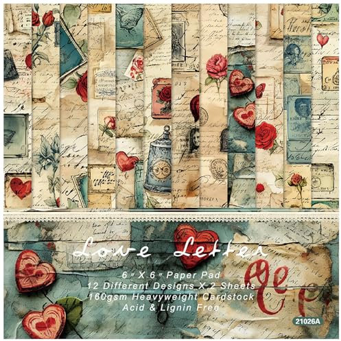 ZAKHSE Motivpapier zum Basteln, 48 Bögen Designpapier Einseitig Bedruckt 15,2x15,2cm, Liebesbrief Liebe Herz Muster Scrapbooking Papier, 12 Designs, Bastelpapier Bunt DIY Handwerk Scrapbook Zubehör
