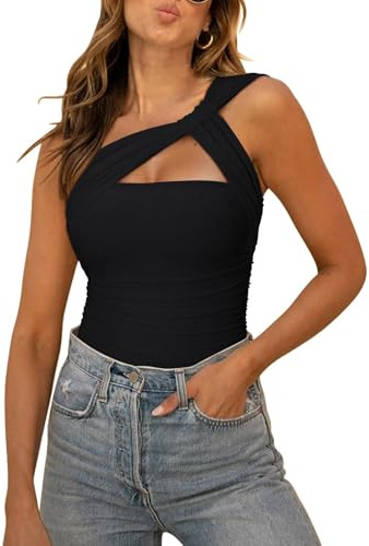 REORIA Womens Sexy One Shoulder Asymmetrical Tank Top Leopard Print Mesh Ruched Sleeveless Backless Trendy Going Out Thong Bodysuits Tops Black Medium