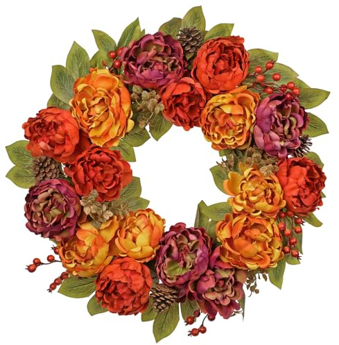 Oairse Fall Wreath for Front Door 24 Inch Floral Wreath with Peony, Maple Leaves and Berries for Indoor Outdoor, Autumn Decoration for Thanksgiving Halloween Fireplace Farmhouse Wall