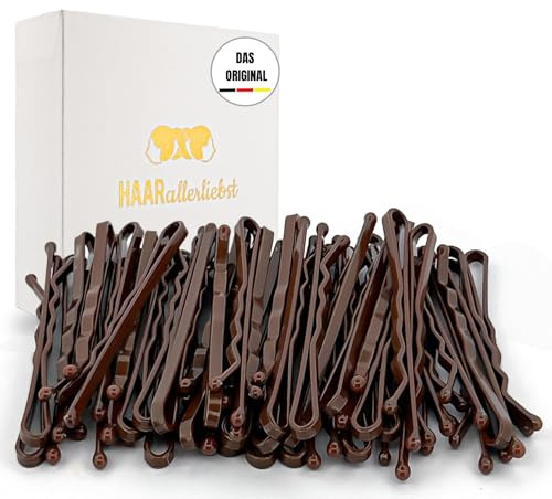 HAARallerliebst® 50 Bobby Pins Braun – 5cm Haarklammern für Damen – Extra stark & langlebig – nachhaltige Geschenkbox – Haarnadeln für Frisuren, Haarstyling Zubehör (mittelbraun, 50 Stück)