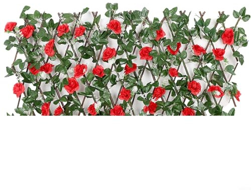 RichVibe Clôture de lierre artificiel, haie en bois avec feuilles de fleurs, haie d'intimité de jardin, treillis extensible imitation feuilles vertes – 28 x 200 cm (rouge)