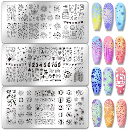 PH PandaHall 3pcs Birthday Party Nail Stamping Plates Fireworks Pattern Nail Art Stencils Cake Number Manicure Art Templates Celebration Elements Nails Image Plates for Women Manicures Design Print