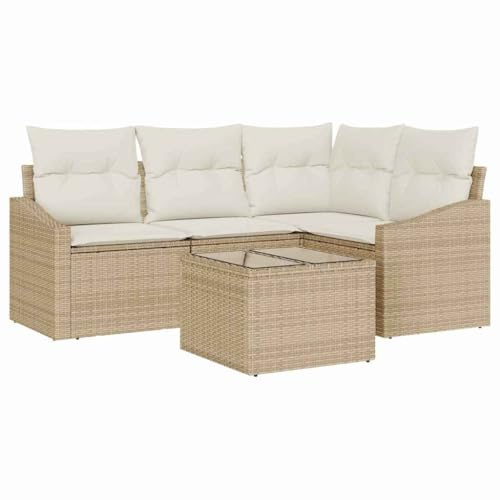vidaXL Sofa Set mit Kissen 5 pcs Beige und Creme Poly-Rattan, Garten und Terrasse, Moderne, strapazierfähige Outdoor-Sofa-Garnitur, wetterfestes Poly-Rattan, Bequeme Lounge-Sitze