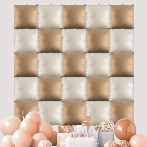25pcs Square Foil Balloons Wall Kit, Double Sided Blow Up Square Balloon Backdrop for Wedding Birthday Party Anniversary Bridal Shower Tunnel Arch Decoration (Coffee & Beige)