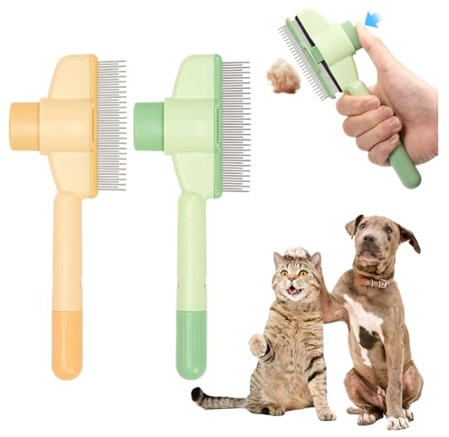 2 Stück Katzenkamm, Flohkamm Hunde, Selbstreinigender Flohkamm und Fellpflegebürste für Haustiere, Der Knopf kann das Haar Schnell Reinigen (Gelb und Grün)