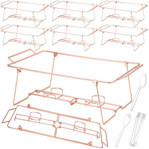 Geosar 32 Pack Wire Buffet Rack Stand Folding Chafing Stand Chrome Frame Serving Trays Food Warmer with Plastic Tong Fork and Spoon for Christmas Thanksgiving Home Party Catering Supplies (Rose Gold)