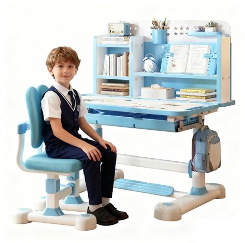 Tifemap Höhenverstellbar Kinderschreibtisch und Stuhl Set, Schreibtisch Kinder ab 3 Jahren, Ergonomischer Kinder Schreibtisch und Stuhl für Hausaufgaben, Malen und Basteln (Blau-1)