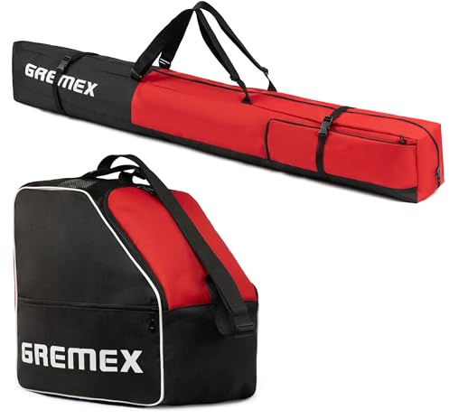 GREMEX Skischuhtasche Set - Starke Skitasche - Skisack Skitasche Set - Wasserfeste Tasche Skischuhe mit Helm - Skisack für 1 Paar Ski - Skischuhtasche mit Helmfach - Ski Zubehör