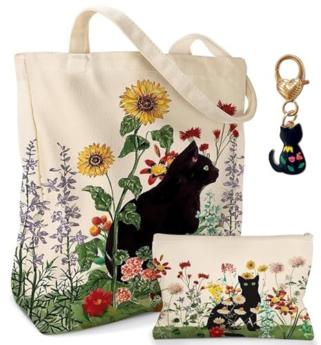 ZXTGBQ Gatto Bolsa Tela Tote Bag con Motivo Floreale E 1 Portachiavi, Borsa di Stoffa Carina Design Floreale Vintage para El Día a Día Oficina Viaje Escolar y Compras
