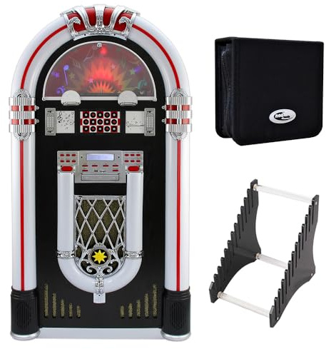Jukebox Vinyl Record Player & Sound System with 48 CD Carry Case and Acrylic Vinyl Record Storage Holder Tabletop Display Rack – Retro Music Station for CDs & LPs Music Lover Gift Set Bundle