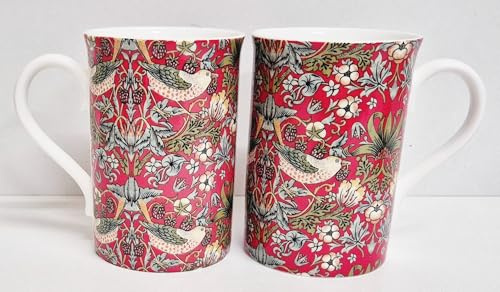 Rainbow Decors William Morris Strawberry Thief Red Mugs Set of 2 Bone China 300 ml Windsor Arts Crafts Fantasy Cups Hand Decorated UK