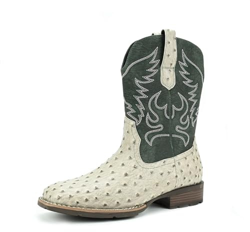 Cowboystövlar för män Western Boots med fyrkantig tå slitstark retro klassisk krokodiltryck utan snörning halkfri, Vit och grön, 45 EU