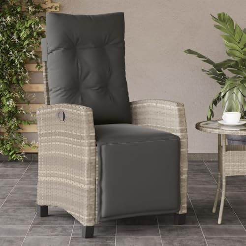 Fangmaliuyun Gartenstuhl mit Fußteil Verstellbar Hellgrau Poly Rattan 57 x 66 x 93 cm Klappbarer Outdoor Sessel mit Anthrazit Kissen Robust & Langlebig für Terrasse Balkon Camping
