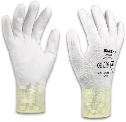 Sirex 210 JAREN 1 Feinstrickhandschuhe Weiß, 10 Paar - Nylon mit PU-Beschichtung, 13 Gauge, hohe Fingerfertigkeit für Montage & Elektronik, abriebfest, EN 388