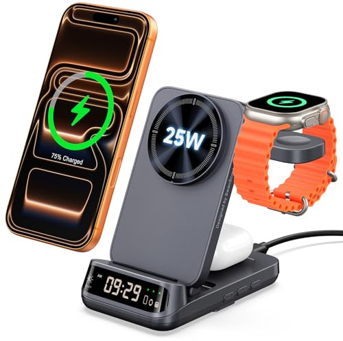 Supporto caricabatterie wireless 3 in 1 da 25 W, compatibile con MagSafe, stazione di ricarica magnetica da viaggio pieghevole con orologio per iPhone 17/16/15, Apple Watch, Air Pods, SwanScout 708M