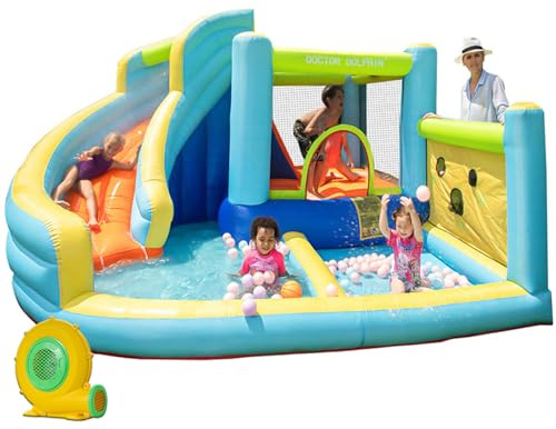GartistGo Inflatable Water Slide Bounce House, 5-in-1 Kids Jumping Castle with Splash Pool, Climbing Wall & Ball Pit, Outdoor Backyard Water Park with Blower for Summer Party (B)