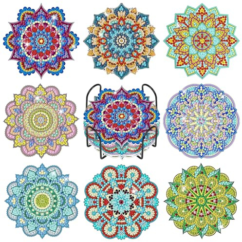 8Pcs Mandala Diamond Art Coasters Kit for Adults with Holder & Cork Backing | 5D DIY Diamond Painting Coasters, Sparkly Gem Art for Yoga Room Decor, Non-Slip Drink Coasters, Mandala Lover Gift